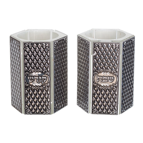 Crystal Candlesticks with Silver Diamond Pattern - Set of 2