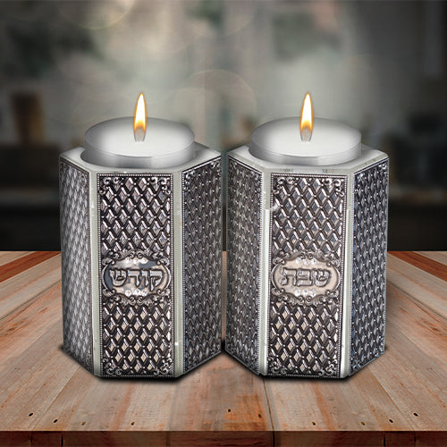 Crystal Candlesticks with Silver Diamond Pattern - Set of 2