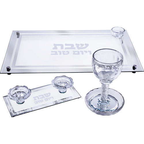 Crystal Set Of Candlesticks + Kiddush Cup + Challah Tray
