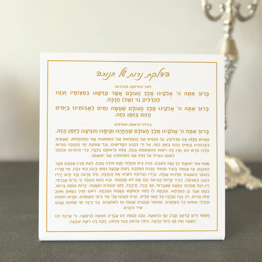 Lucite Hadlakos Neiros Shel Chanuka Tabletop Card - Gold