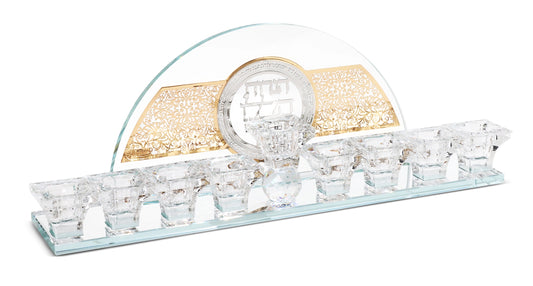 Crystal Menorah with Silver & Gold Blessing Plates